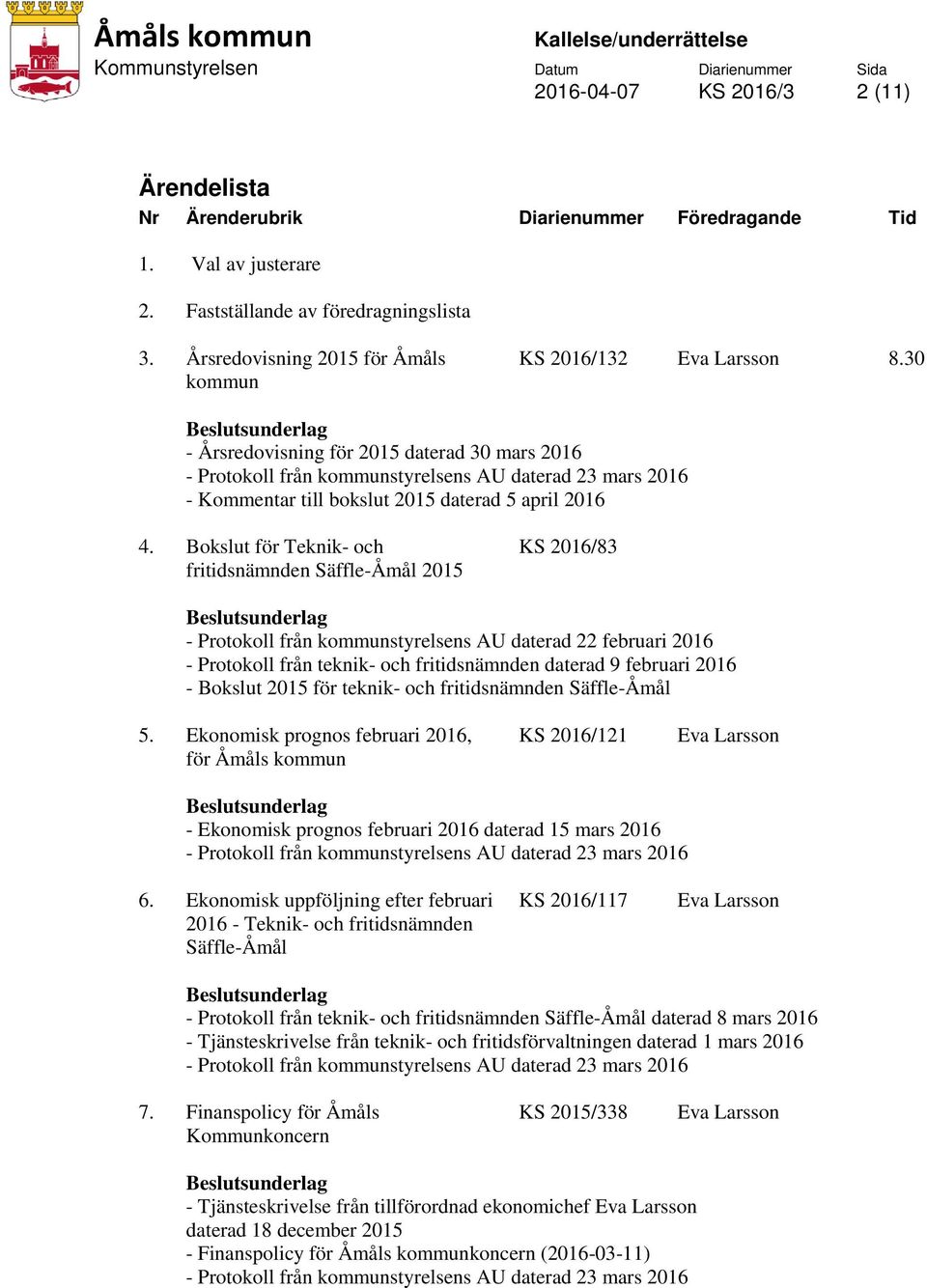 Bokslut för Teknik- och fritidsnämnden Säffle-Åmål 2015 KS 2016/83 - Protokoll från kommunstyrelsens AU daterad 22 februari 2016 - Protokoll från teknik- och fritidsnämnden daterad 9 februari 2016 -