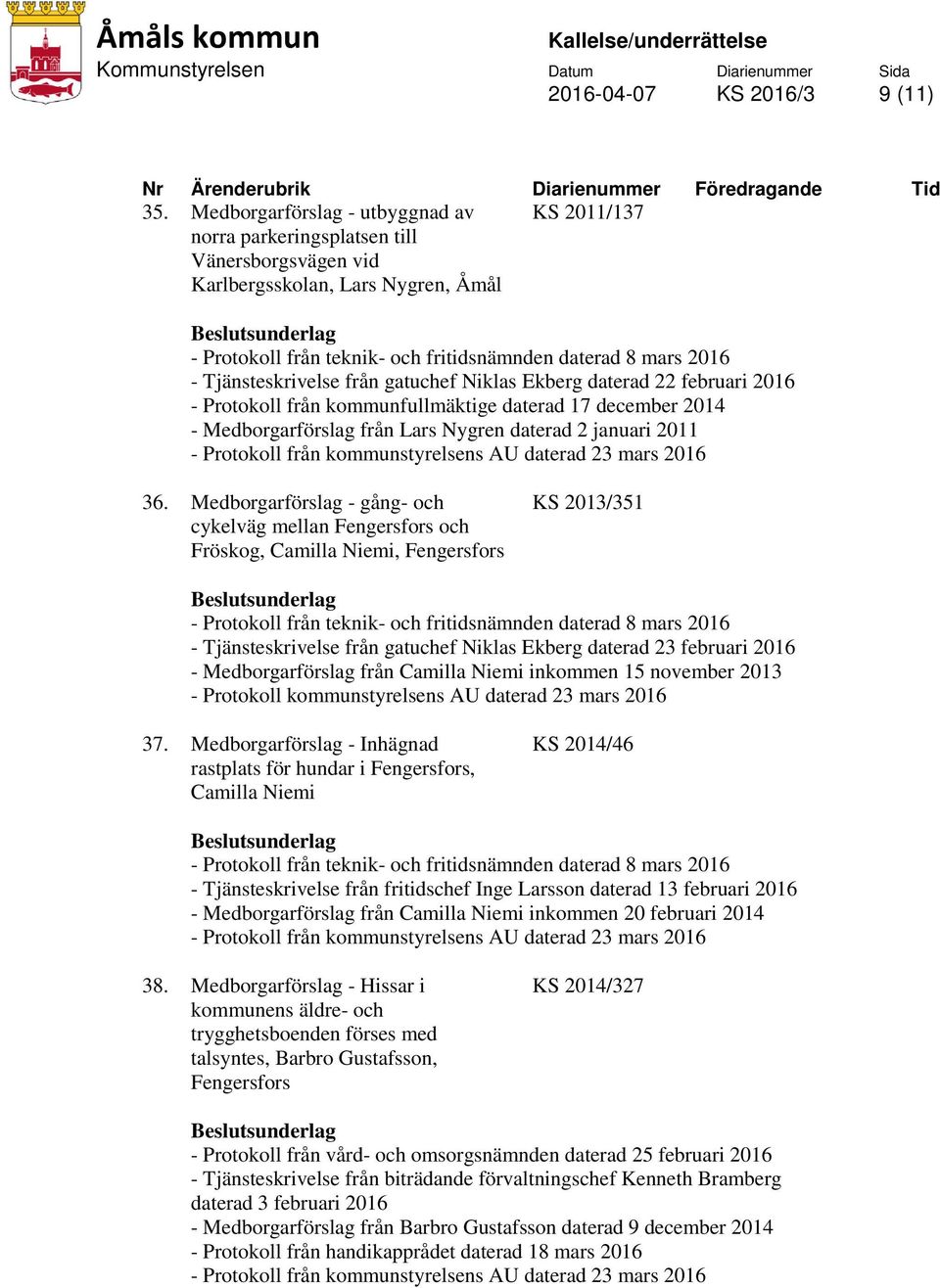 2016 - Protokoll från kommunfullmäktige daterad 17 december 2014 - Medborgarförslag från Lars Nygren daterad 2 januari 2011 36.