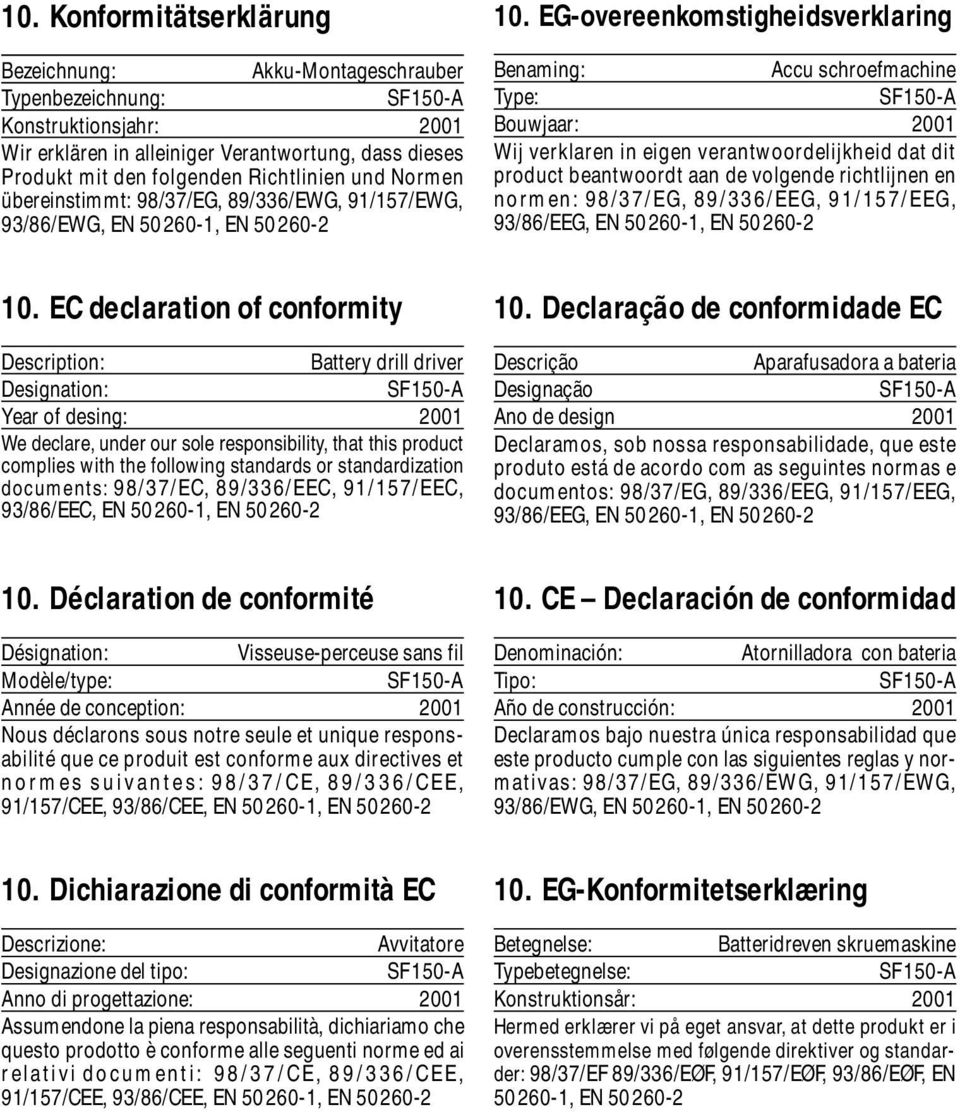 EG-overeenkomstigheidsverklaring Benaming: Accu schroefmachine Type: Bouwjaar: 2001 Wij verklaren in eigen verantwoordelijkheid dat dit product beantwoordt aan de volgende richtlijnen en normen: