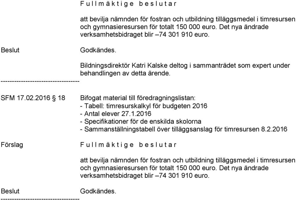 ----------------------------------- SFM 17.02.2016 18 Förslag Bifogat material till föredragningslistan: - Tabell: timresurskalkyl för budgeten 2016 - Antal elever 27.1.2016 - Specifikatio för de enskilda skolorna - Sammanställningstabell över tilläggsanslag för timresursen 8.