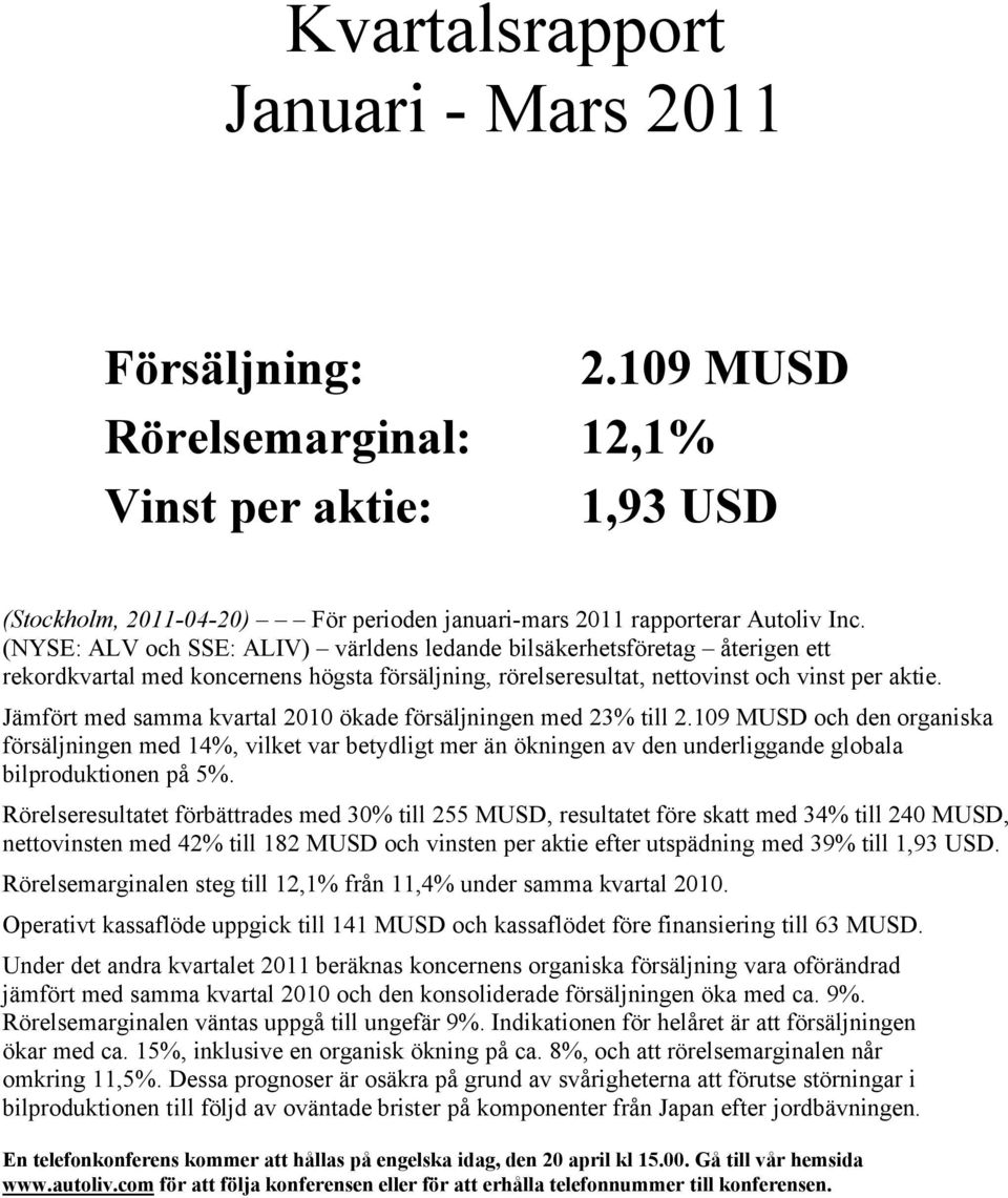 Jämfört med samma kvartal 2010 ökade försäljningen med 23% till 2.