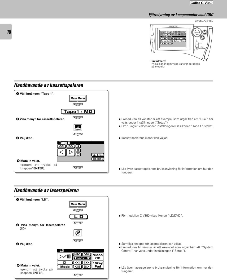 MUTE VOLUME ON/STANDBY Huvudmeny (Vilka ikoner som visas varierar beroende på modell.) Handhavande av kassettspelaren Välj ingången Tape. Main Menu Tape / MD Visa menyn för kassettspelaren.