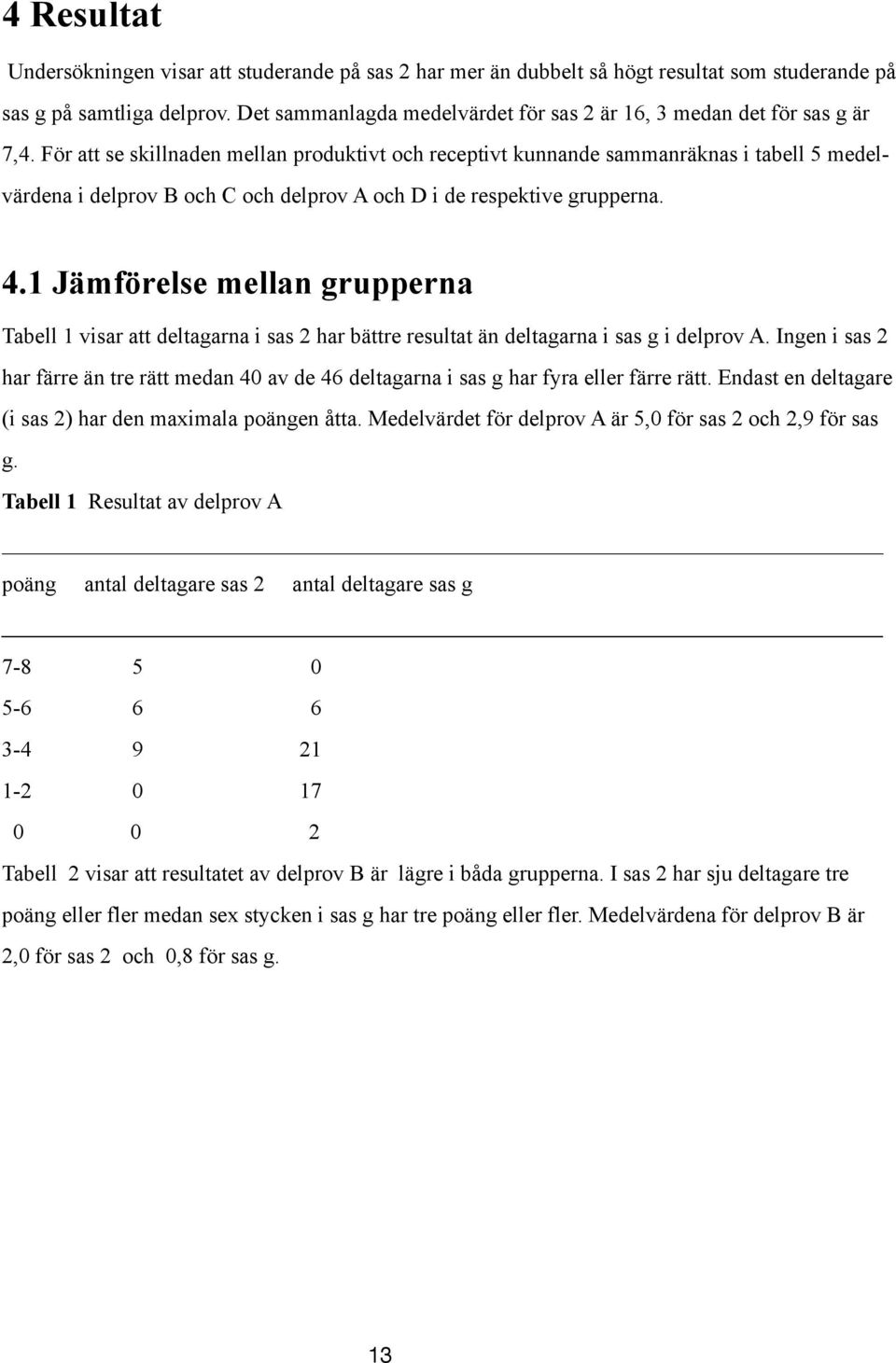 För att se skillnaden mellan produktivt och receptivt kunnande sammanräknas i tabell 5 medelvärdena i delprov B och C och delprov A och D i de respektive grupperna. 4.