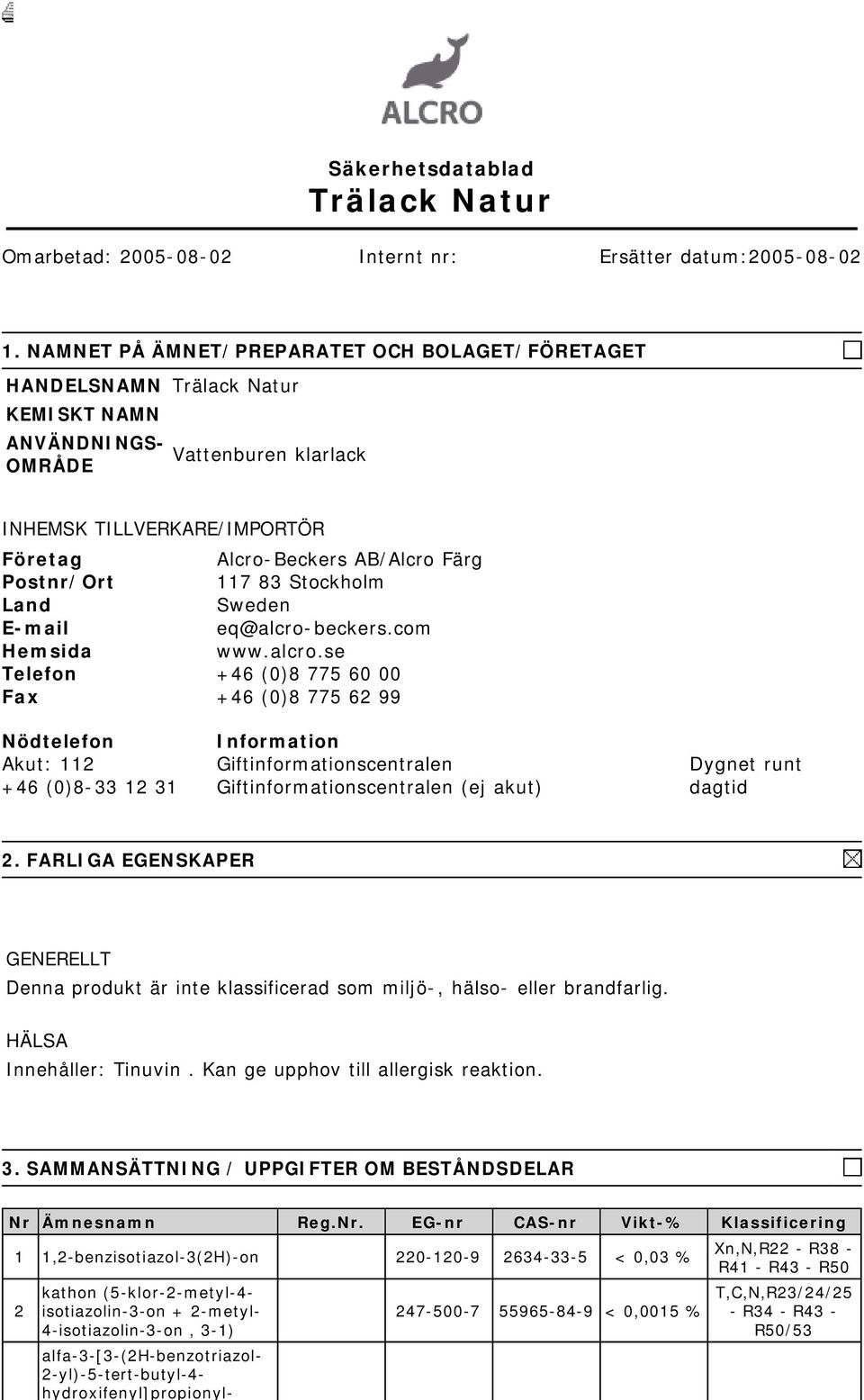 Postnr/Ort 117 83 Stockholm Land Sweden E-mail eq@alcro-