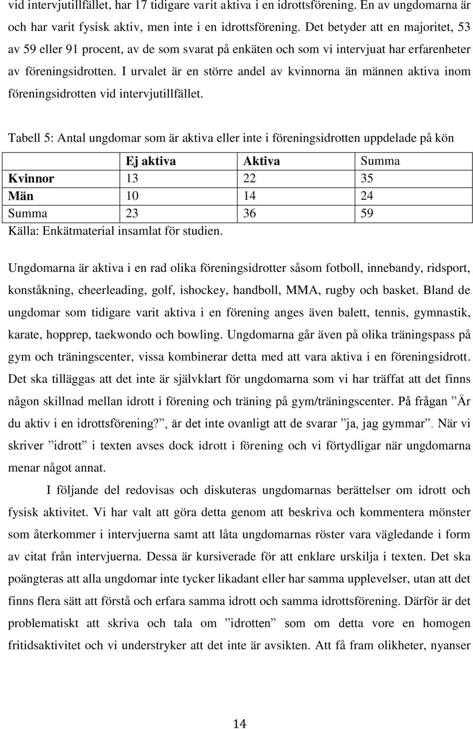 I urvalet är en större andel av kvinnorna än männen aktiva inom föreningsidrotten vid intervjutillfället.