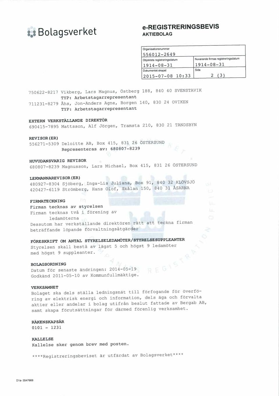 OSTERSUND Representeras av: 680807-8239 HUVUDANSVARIG REVISOR 680807-8239 Magnusson, Lars Michael, Box 415, 831 26 OSTERSUND LEKMANNAREVISOR(ER) 480927-8304 Sjoberg, Inga-Lis Juliana, Box 91, 840 32