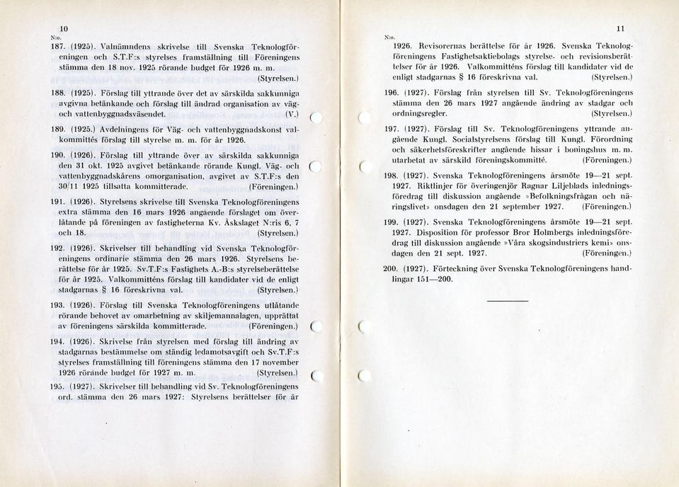 1925 avgivet betänkande rörande Kungl. Väg- och ( vattenbyggnadskårens omorganisation, avgivet av S.T.F:s den 30/11 1925 tillsatta kommitterade. 191. (1926).