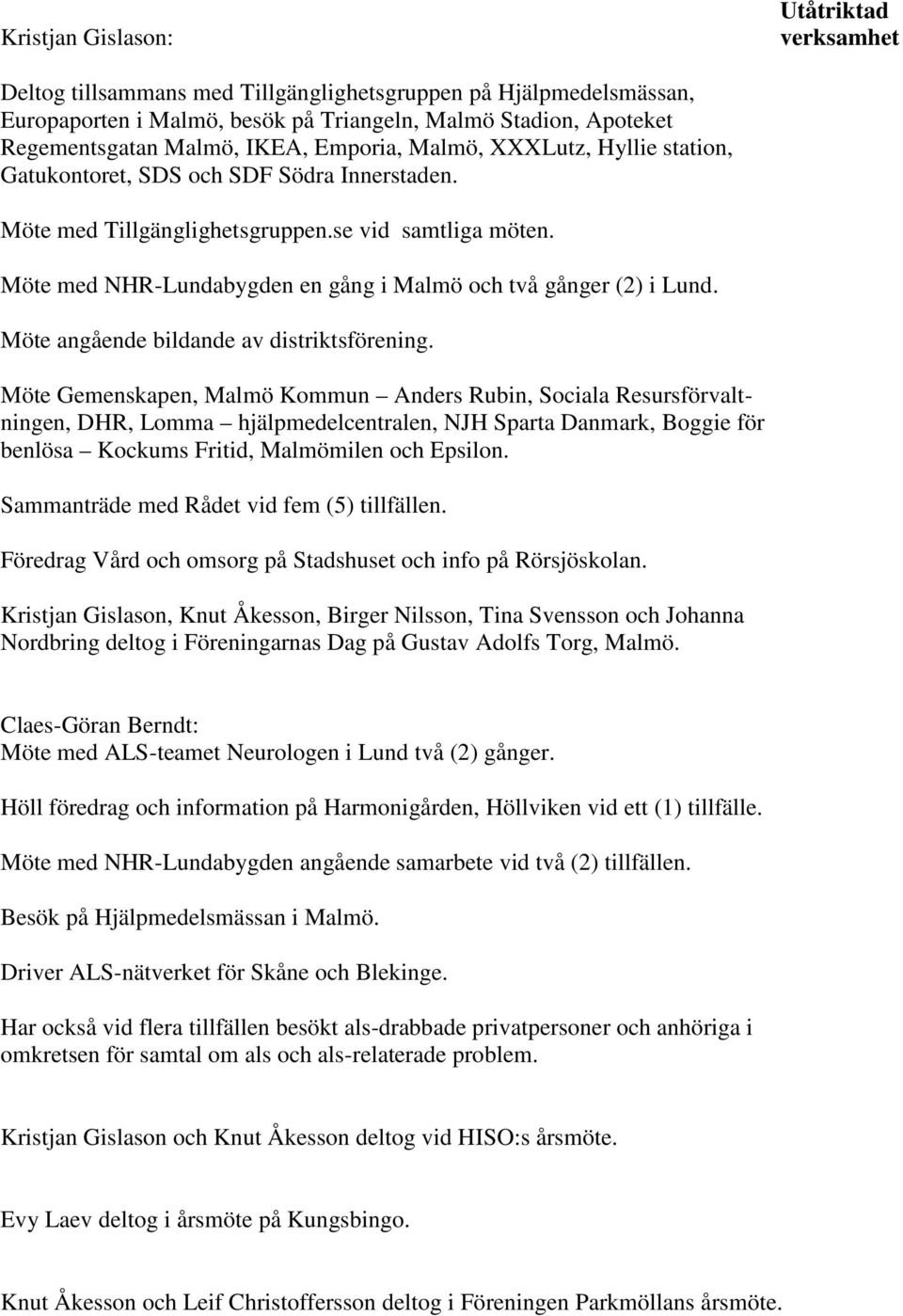 Möte med NHR-Lundabygden en gång i Malmö och två gånger (2) i Lund. Möte angående bildande av distriktsförening.