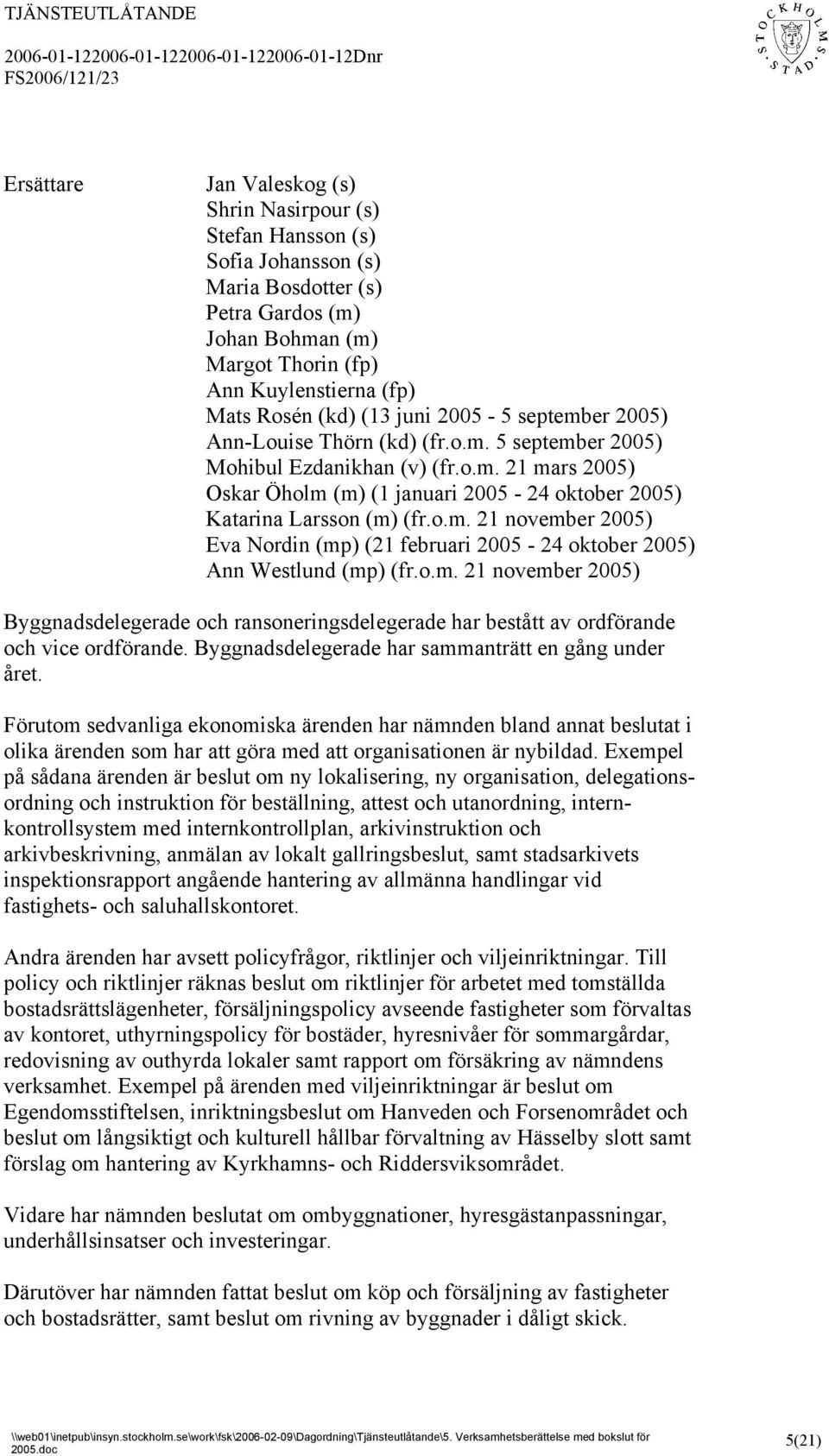 o.m. 21 november 2005) Eva Nordin (mp) (21 februari 2005-24 oktober 2005) Ann Westlund (mp) (fr.o.m. 21 november 2005) Byggnadsdelegerade och ransoneringsdelegerade har bestått av ordförande och vice ordförande.