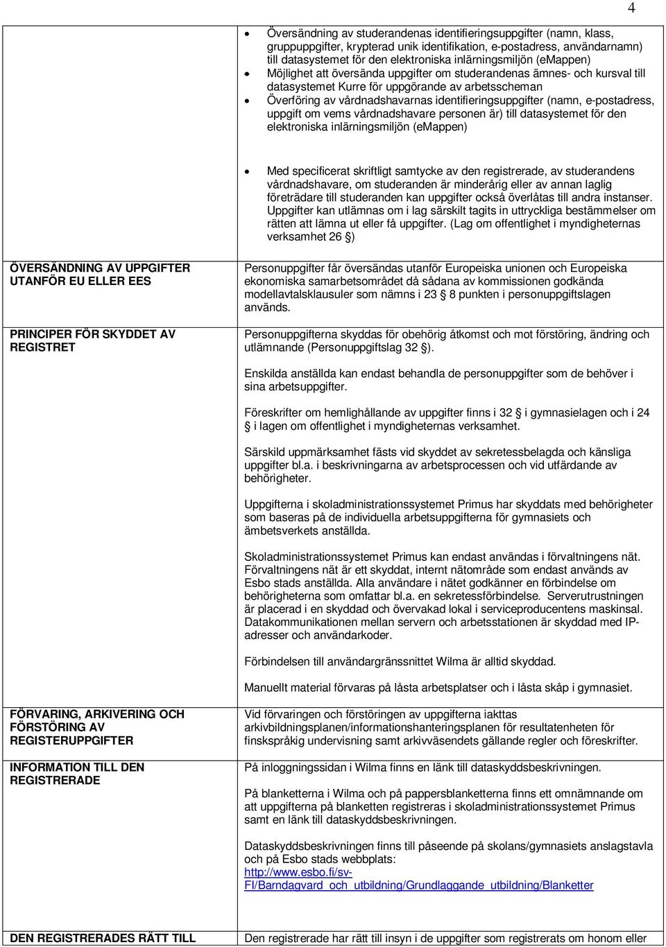 e-postadress, uppgift om vems vårdnadshavare personen är) till datasystemet för den elektroniska inlärningsmiljön (emappen) 4 Med specificerat skriftligt samtycke av den registrerade, av studerandens