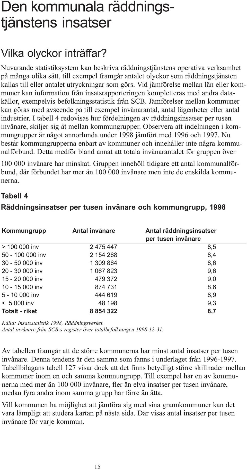 som görs. Vid jämförelse mellan län eller kommuner kan information från insatsrapporteringen kompletteras med andra datakällor, exempelvis befolkningsstatistik från SCB.