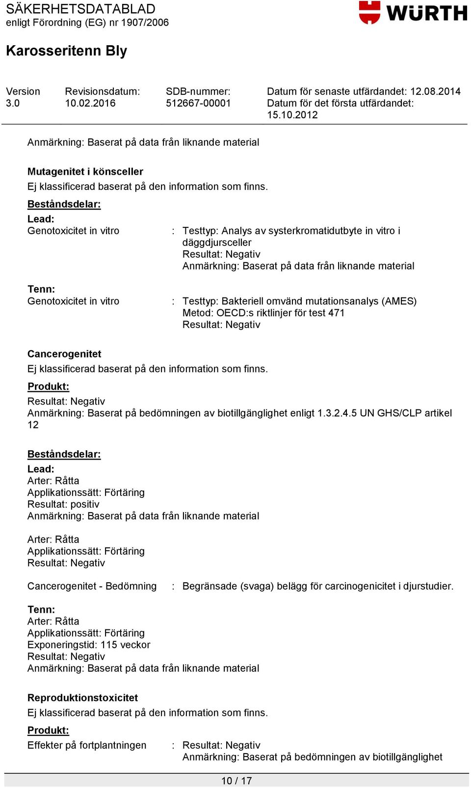 1 Resultat: Negativ Cancerogenitet Produkt: Resultat: Negativ Anmärkning: Baserat på bedömningen av biotillgänglighet enligt 1.3.2.4.