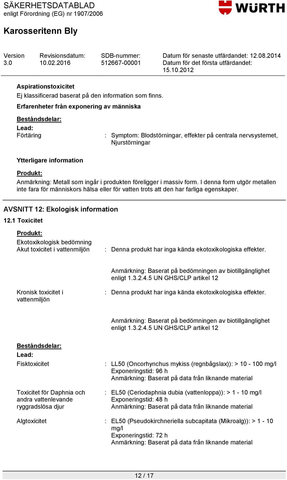 1 Toxicitet Produkt: Ekotoxikologisk bedömning Akut toxicitet i vattenmiljön : Denna produkt har inga kända ekotoxikologiska. Anmärkning: Baserat på bedömningen av biotillgänglighet enligt 1.3.2.4.