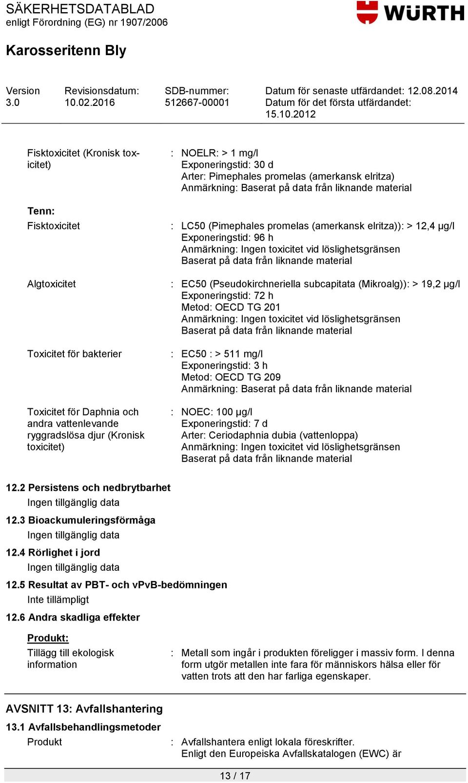 löslighetsgränsen Baserat på data från liknande material : EC50 (Pseudokirchneriella subcapitata (Mikroalg)): > 19,2 µg/l Exponeringstid: 72 h Metod: OECD TG 201 Anmärkning: Ingen toxicitet vid