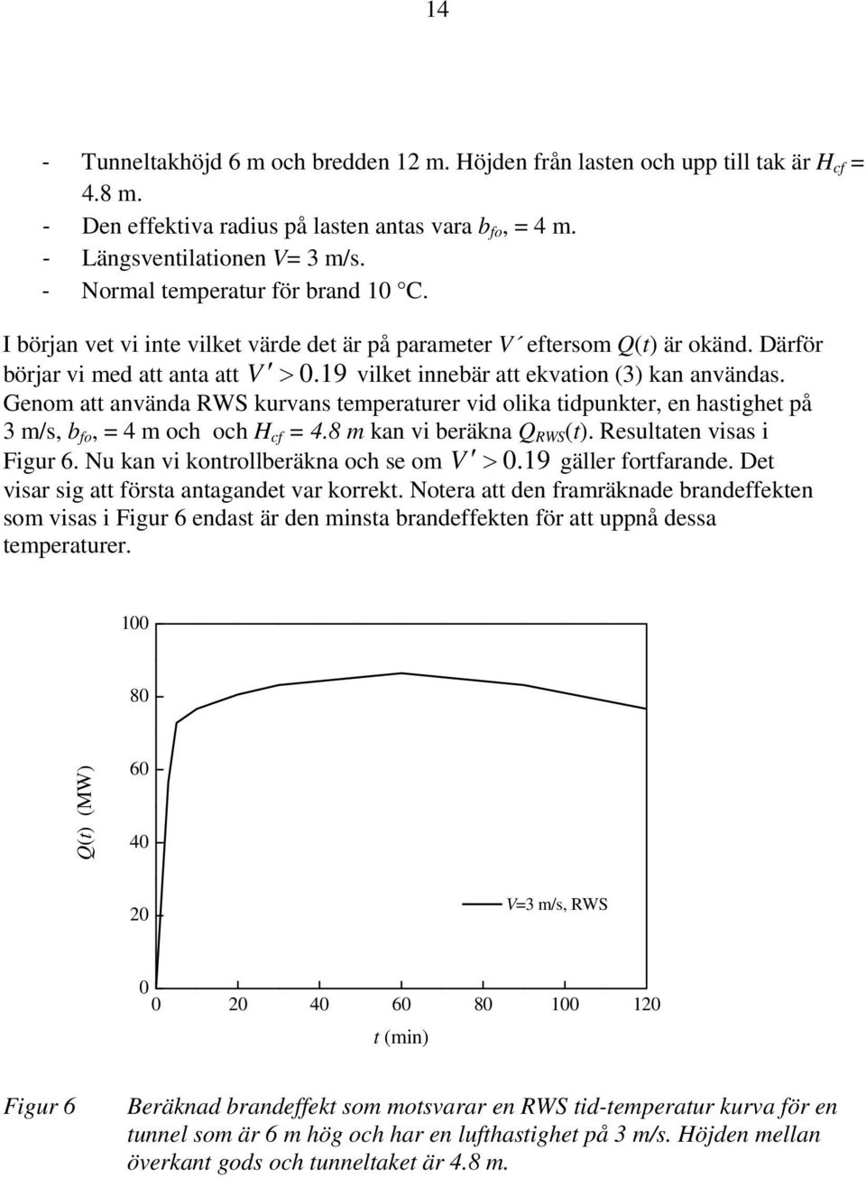 19 vilket innebär att ekvation (3) kan användas. Genom att använda RWS kurvans temperaturer vid olika tidpunkter, en hastighet på 3 m/s, b fo, = 4 m och och H cf = 4.8 m kan vi beräkna Q RWS (t).