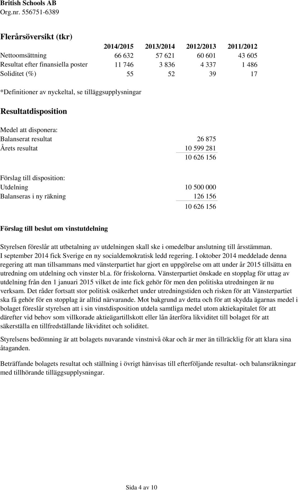 000 Balanseras i ny räkning 126 156 10 626 156 Förslag till beslut om vinstutdelning Styrelsen föreslår att utbetalning av utdelningen skall ske i omedelbar anslutning till årsstämman.