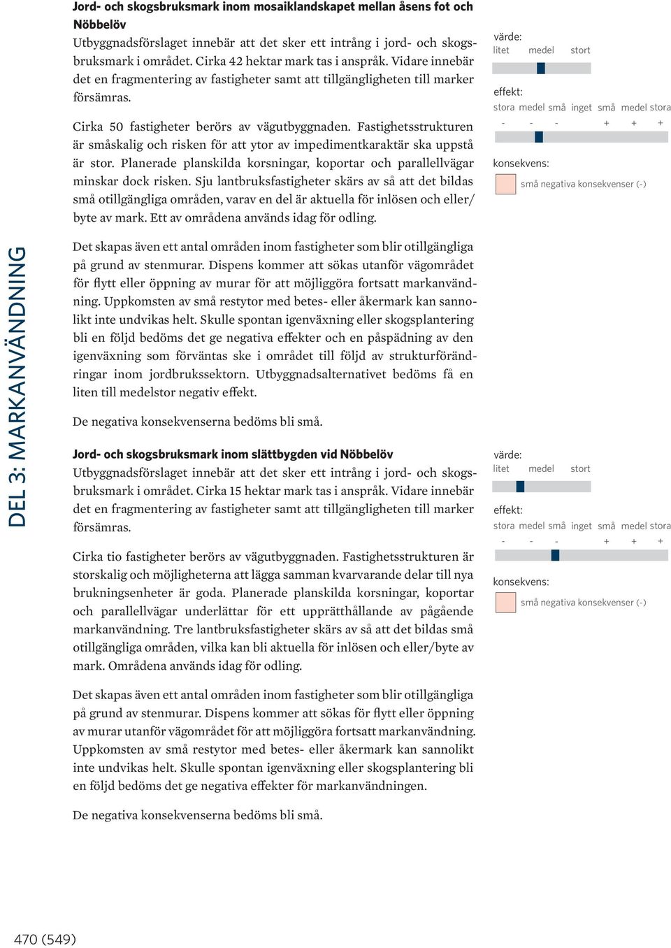 Fastighetsstrukturen är småskalig och risken för att ytor av impedimentkaraktär ska uppstå är stor. Planerade planskilda korsningar, koportar och parallellvägar minskar dock risken.