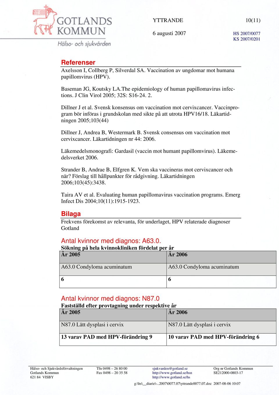 Läkartidningen 2005;103(44) Dillner J, Andrea B, Westermark B. Svensk consensus om vaccination mot cervixcancer. Läkartidningen nr 44: 2006.