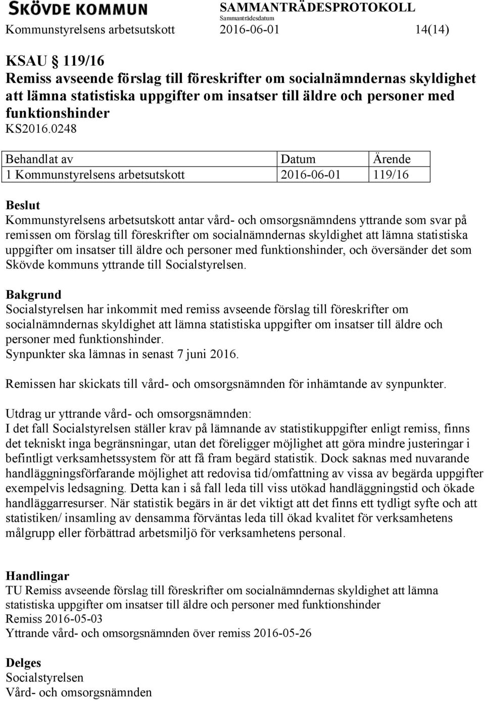 0248 1 Kommunstyrelsens arbetsutskott 2016-06-01 119/16 Beslut Kommunstyrelsens arbetsutskott antar vård- och omsorgsnämndens yttrande som svar på remissen om förslag till föreskrifter om