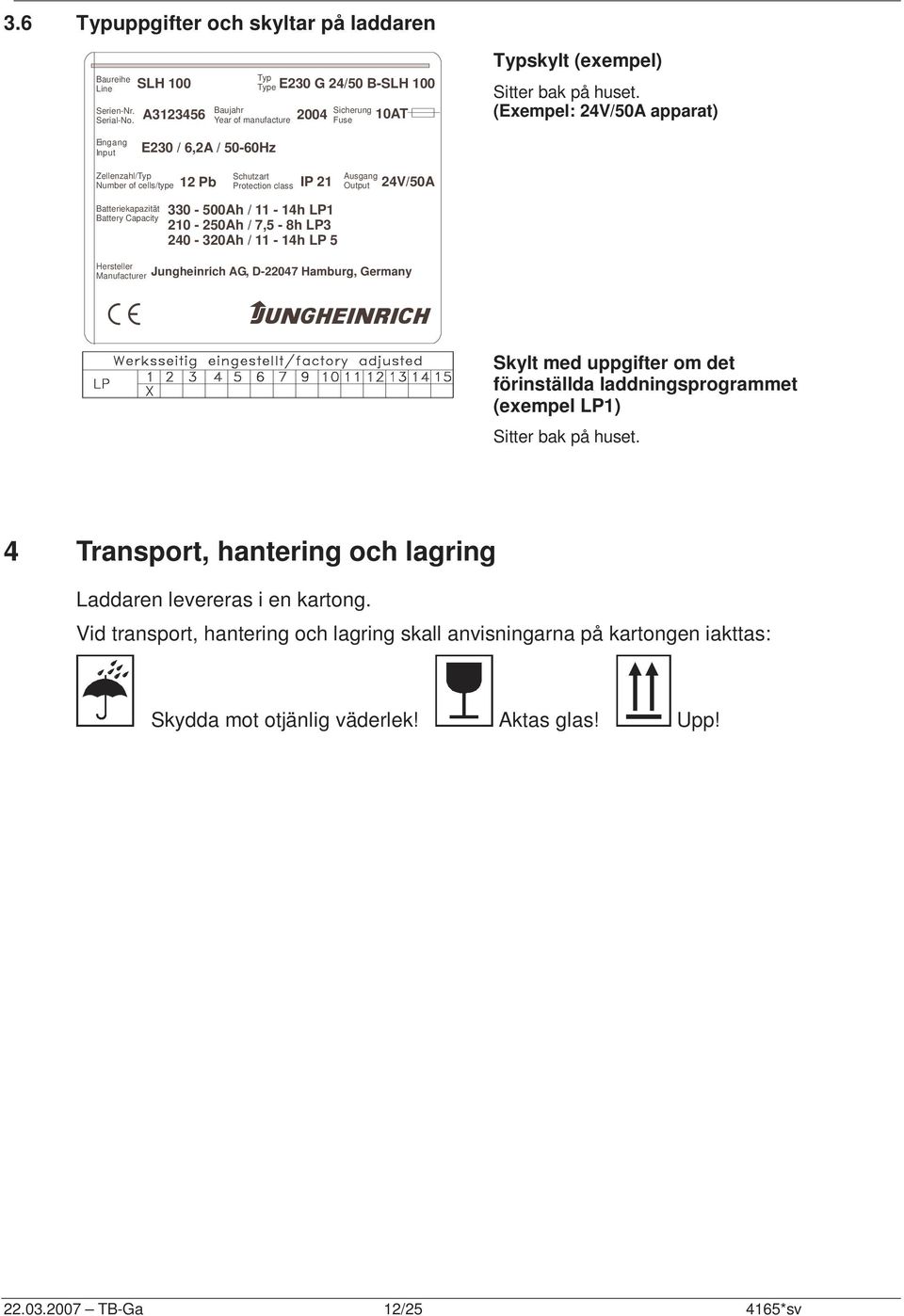 (Exempel: 24V/50A apparat) Eingang Input E230 / 6,2A / 50-60Hz Zellenzahl/Typ Number of cells/type Batteriekapazität Battery Capacity Hersteller Manufacturer e Schutzart Protection class Ausgang