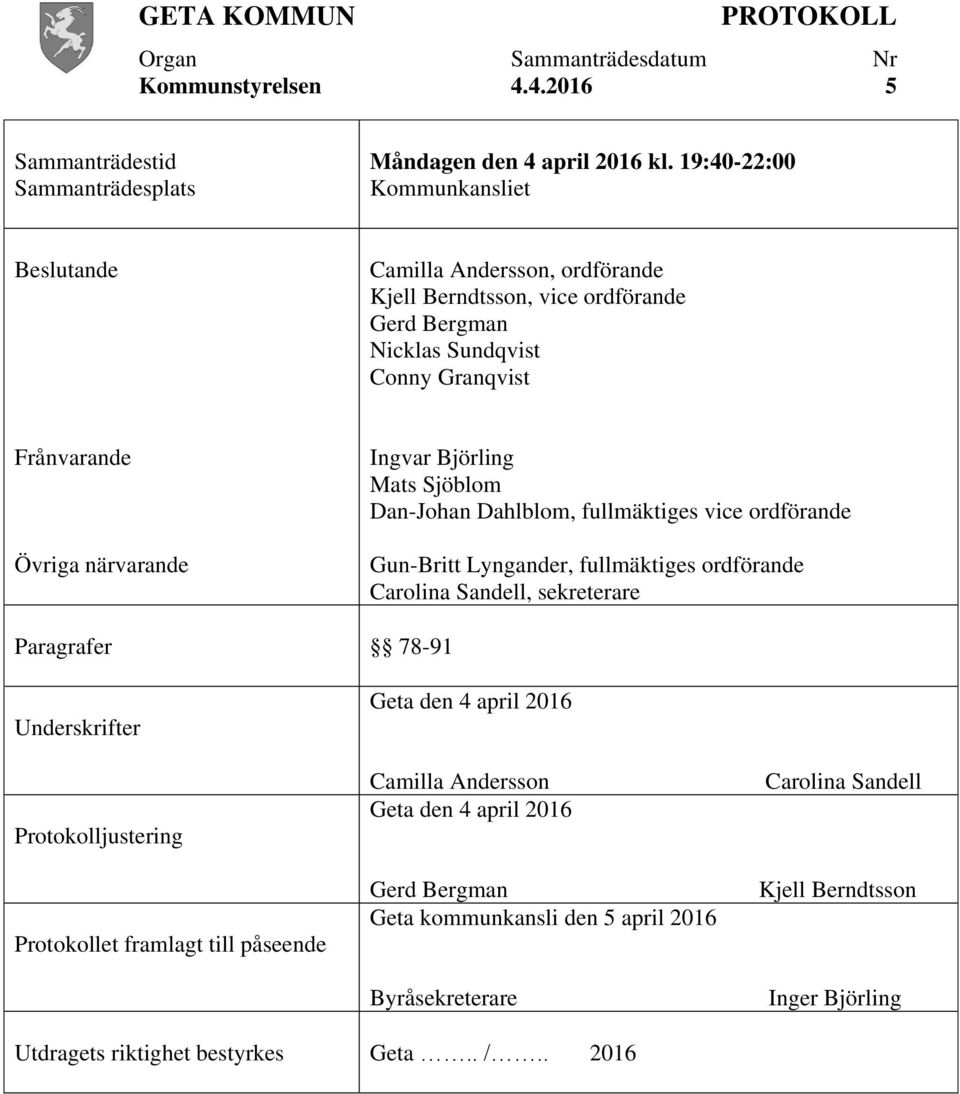 Björling Mats Sjöblom Dan-Johan Dahlblom, fullmäktiges vice ordförande Gun-Britt Lyngander, fullmäktiges ordförande Carolina Sandell, sekreterare Paragrafer 78-91 Underskrifter