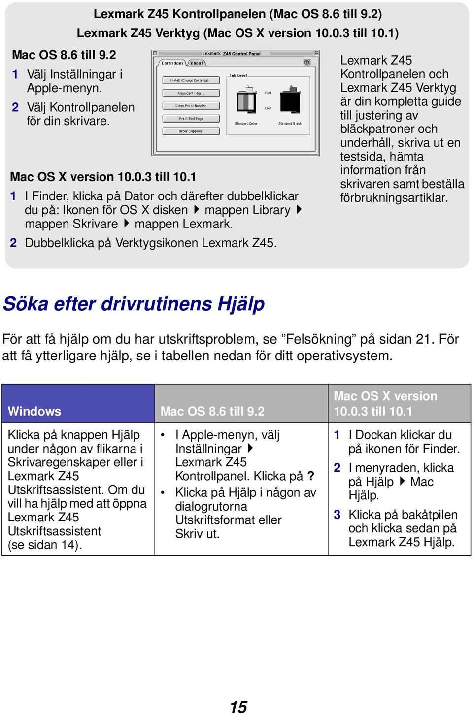 1 1 I Finder, klicka på Dator och därefter dubbelklickar du på: Ikonen för OS X disken mappen Library mappen Skrivare mappen Lexmark. 2 Dubbelklicka på Verktygsikonen Lexmark Z45.