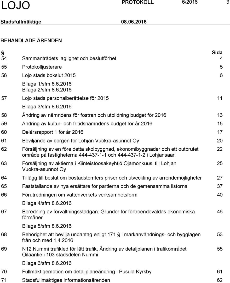 2016 15 60 Delårsrapport 1 för år 2016 17 61 Beviljande av borgen för Lohjan Vuokra-asunnot Oy 20 62 Försäljning av en före detta skolbyggnad, ekonomibyggnader och ett outbrutet område på