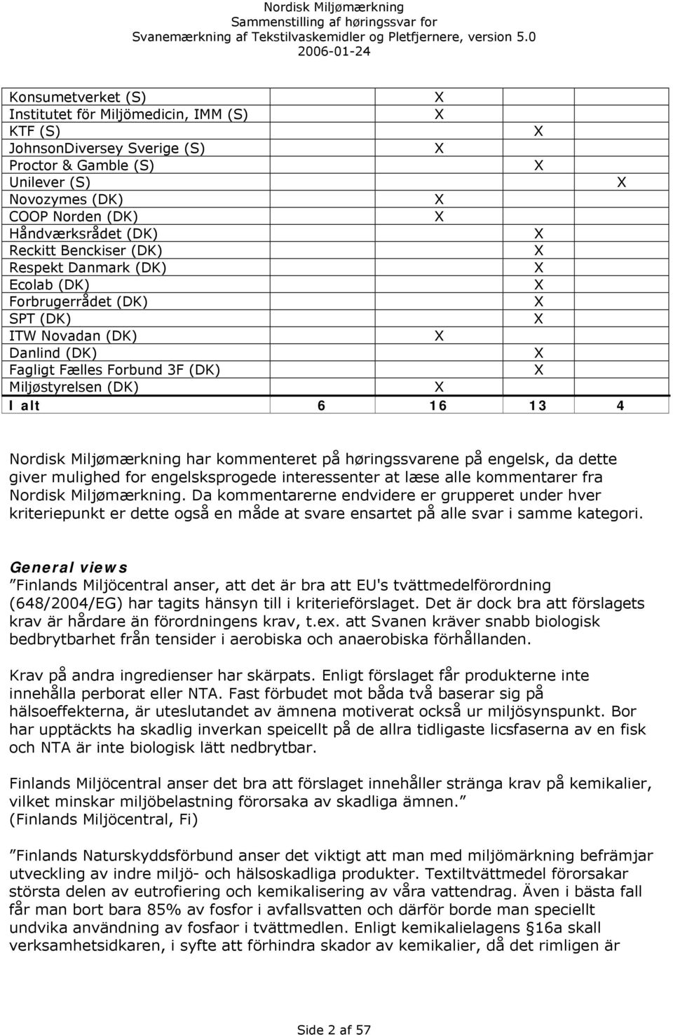 kommenteret på høringssvarene på engelsk, da dette giver mulighed for engelsksprogede interessenter at læse alle kommentarer fra Nordisk Miljømærkning.
