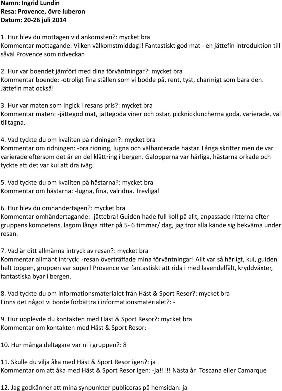 : mycket bra Kommentar boende: -otroligt fina ställen som vi bodde på, rent, tyst, charmigt som bara den. Jättefin mat också! 3. Hur var maten som ingick i resans pris?