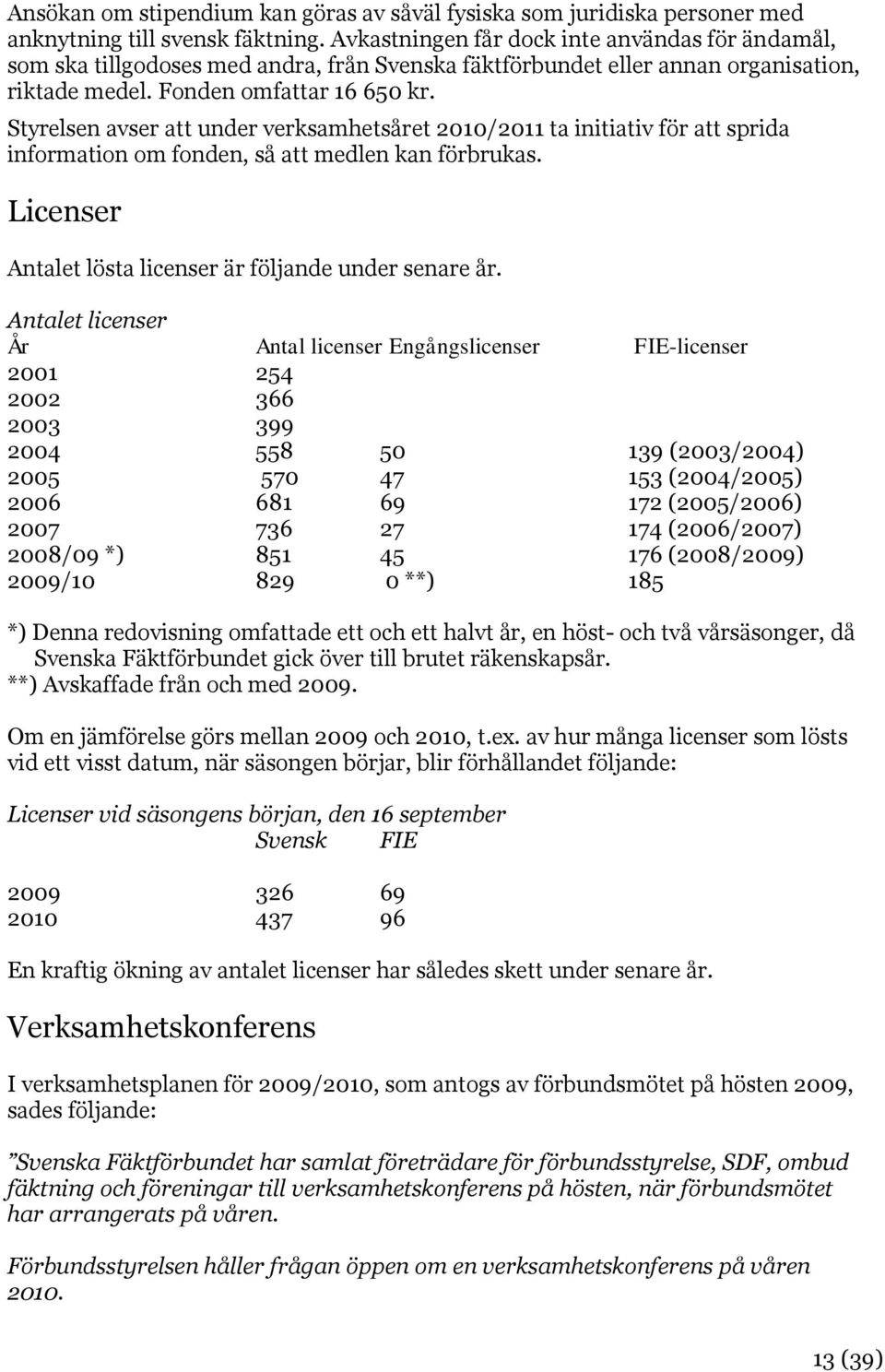 Styrelsen avser att under verksamhetsåret 2010/2011 ta initiativ för att sprida information om fonden, så att medlen kan förbrukas. Licenser Antalet lösta licenser är följande under senare år.