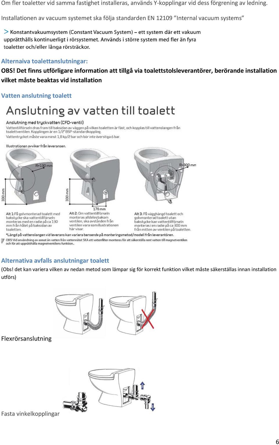 Det finns utförligare information att tillgå via toalettstolsleverantörer, berörande installation vilket måste beaktas vid installation Vatten