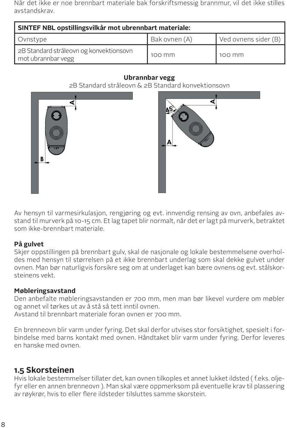 SINTEF NBL opstillingsvilkår mot ubrennbart materiale: Ovnstype Bak ovnen (A) Ved ovnens sider (B) 2B Standard stråleovn og konvektionsovn mot ubrannbar vegg 100 mm 100 mm Ubrannbar vegg 2B Standard