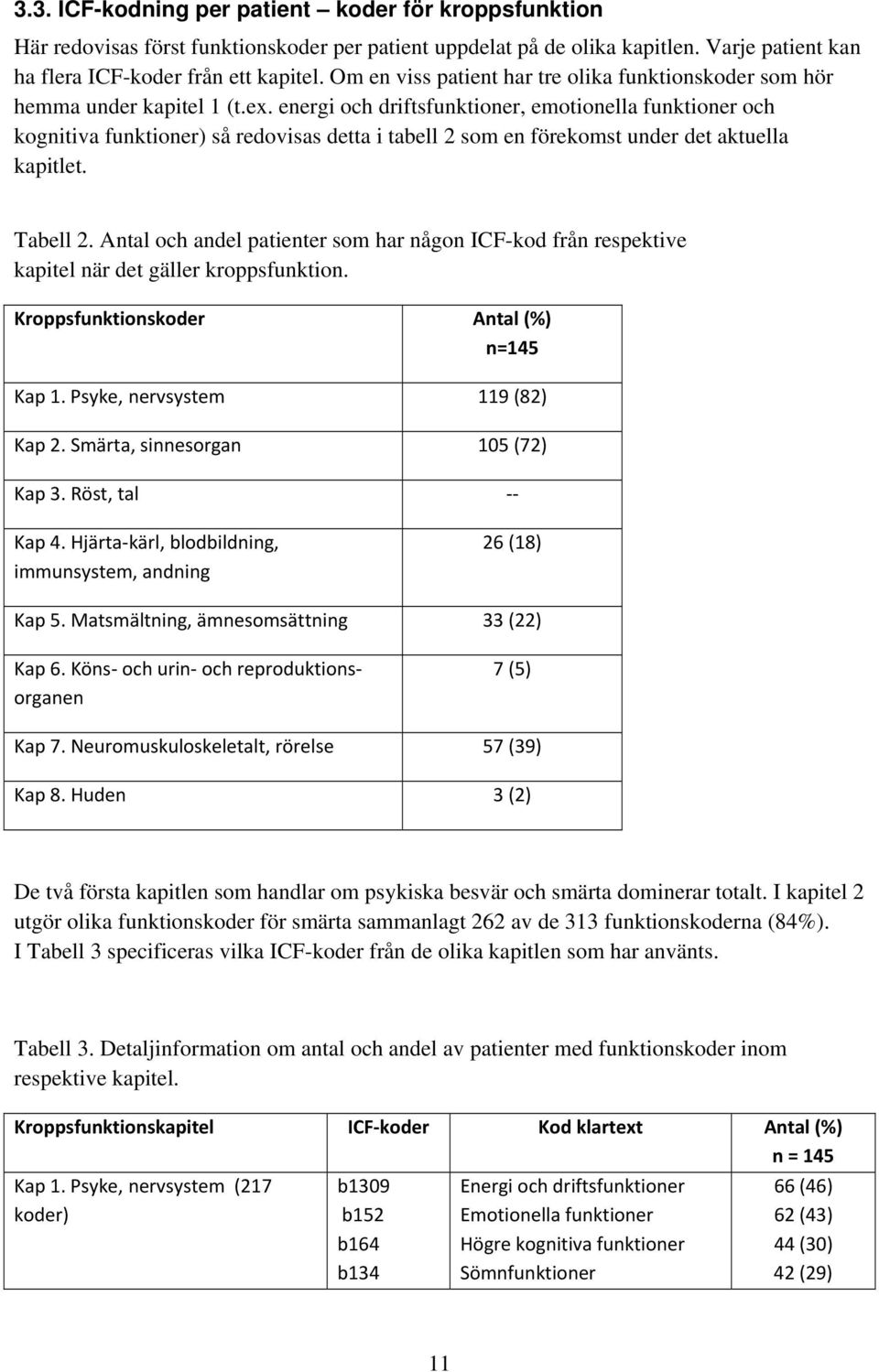 energi och driftsfunktioner, emotionella funktioner och kognitiva funktioner) så redovisas detta i tabell 2 som en förekomst under det aktuella kapitlet. Tabell 2.