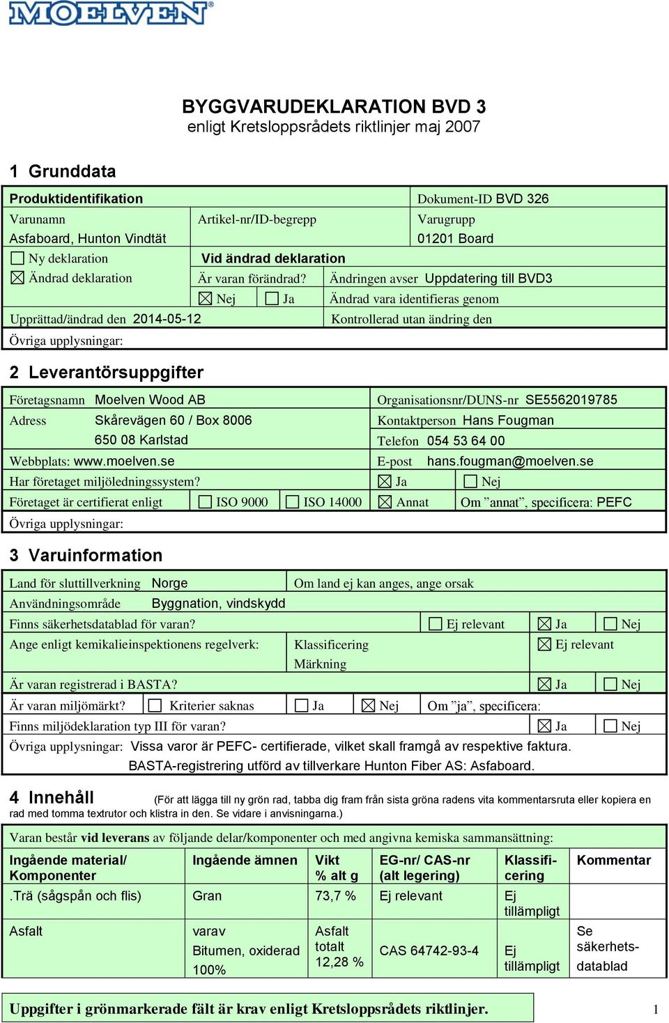 Ändringen avser Uppdatering till BVD3 Nej Ja Ändrad vara identifieras genom Upprättad/ändrad den 2014-05-12 Kontrollerad utan ändring den 2 Leverantörsuppgifter Företagsnamn Moelven Wood AB