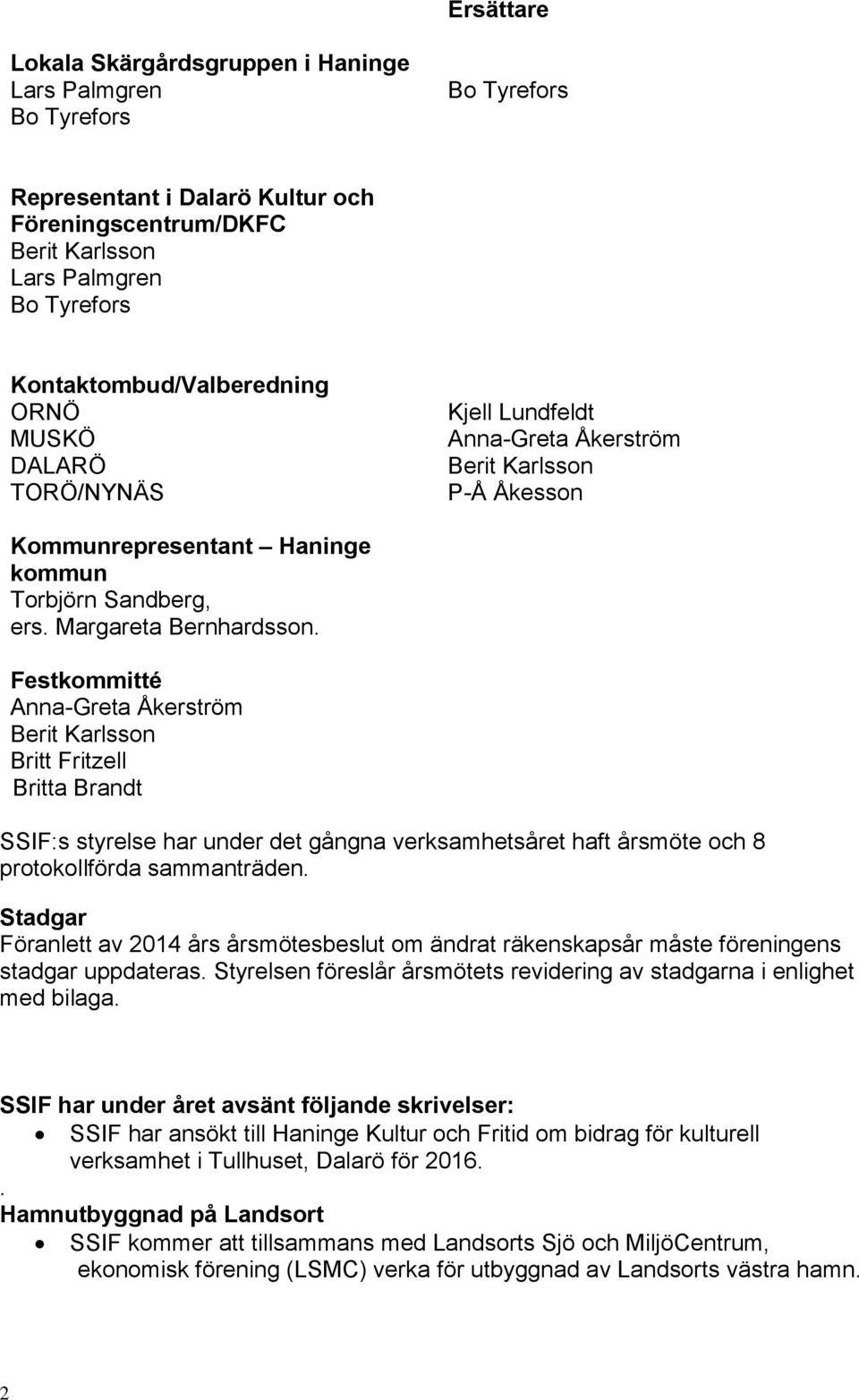 Festkommitté Anna-Greta Åkerström Britta Brandt SSIF:s styrelse har under det gångna verksamhetsåret haft årsmöte och 8 protokollförda sammanträden.