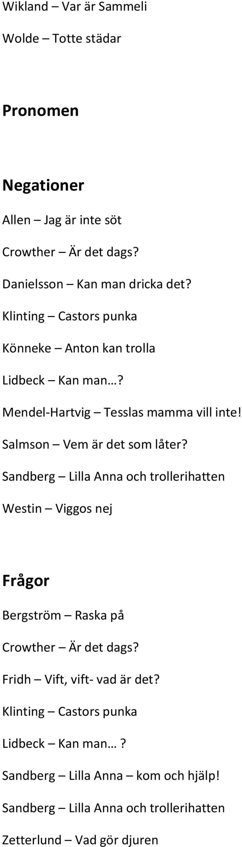 Sandberg Lilla Anna och trollerihatten Westin Viggos nej Frågor Bergström Raska på Crowther Är det dags? Fridh Vift, vift- vad är det?