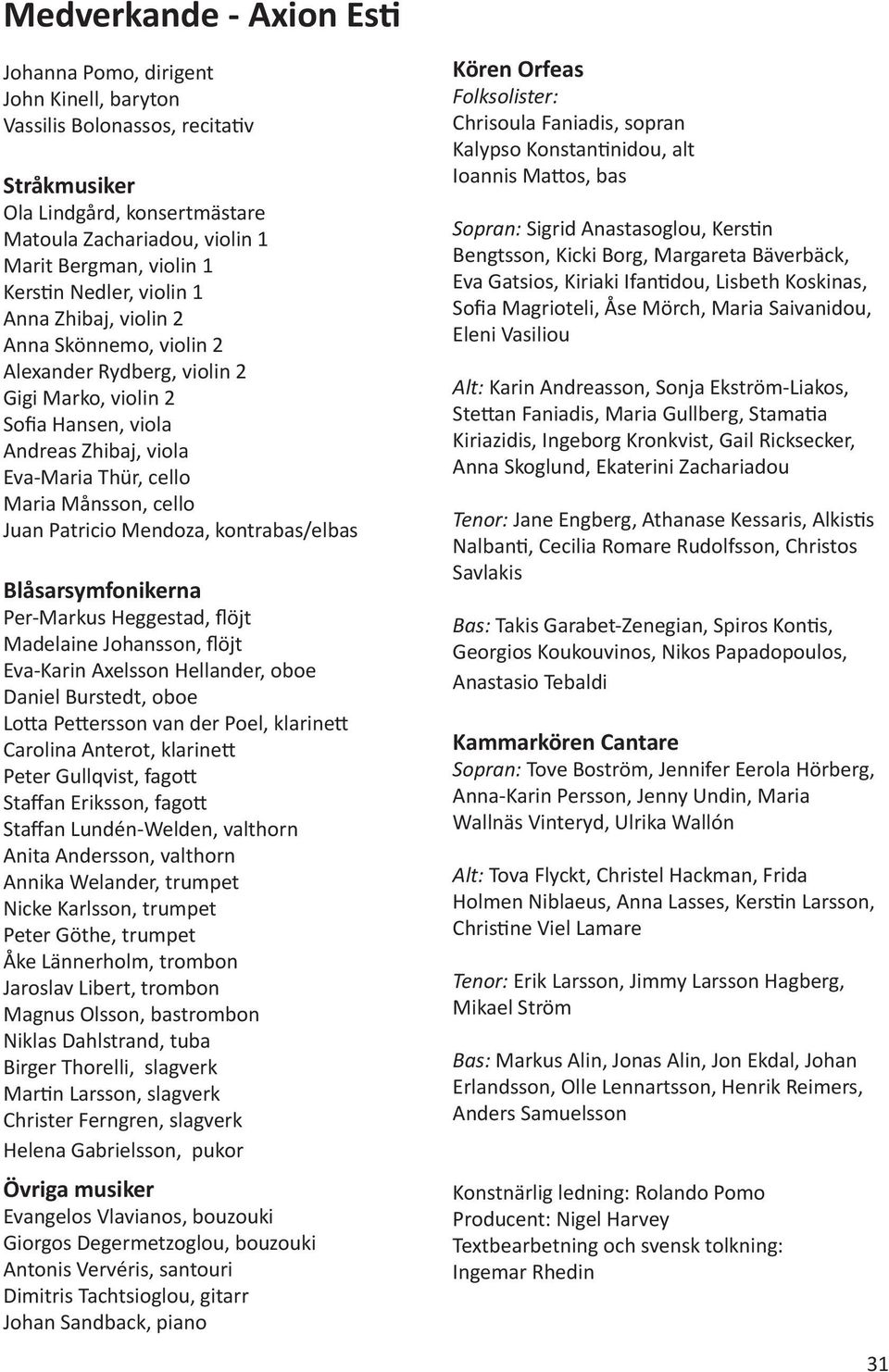 cello Juan Patricio Mendoza, kontrabas/elbas Blåsarsymfonikerna Per-Markus Heggestad, flöjt Madelaine Johansson, flöjt Eva-Karin Axelsson Hellander, oboe Daniel Burstedt, oboe Lotta Pettersson van