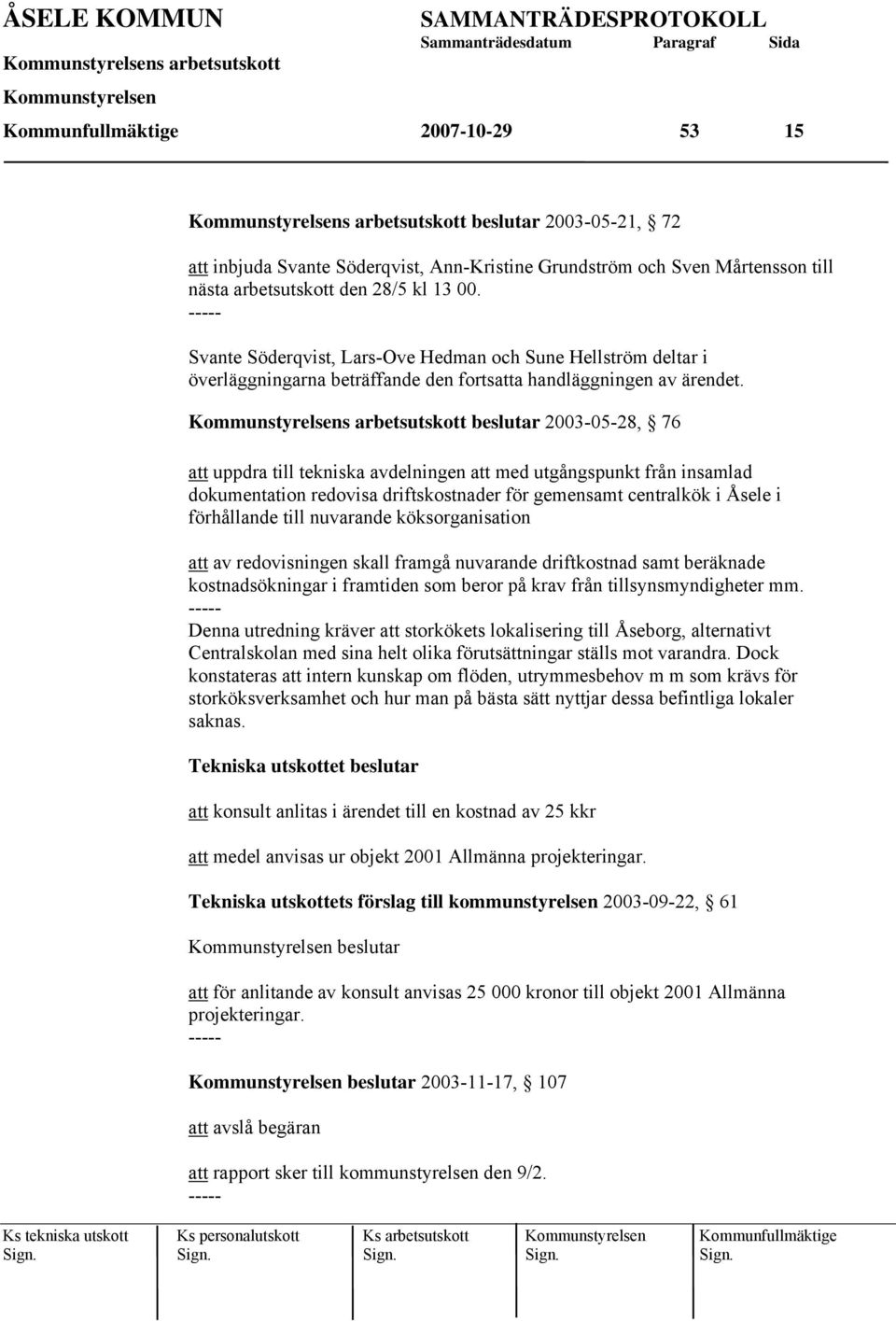 beslutar 2003-05-28, 76 att uppdra till tekniska avdelningen att med utgångspunkt från insamlad dokumentation redovisa driftskostnader för gemensamt centralkök i Åsele i förhållande till nuvarande