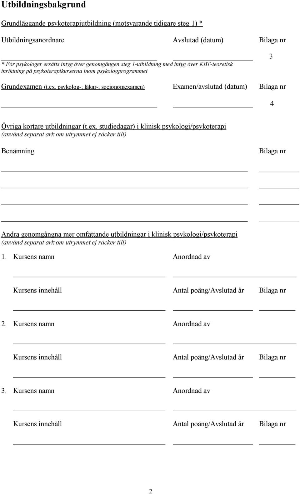 men (t.ex. psykolog-; läkar-; socionomexamen) Examen/avslutad (datum) Bilaga nr 4 Övriga kortare utbildningar (t.ex. studiedagar) i klinisk psykologi/psykoterapi Benämning Bilaga nr Andra genomgångna mer omfattande utbildningar i klinisk psykologi/psykoterapi 1.