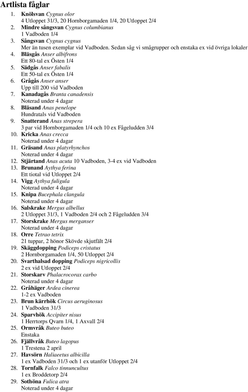 Sädgås Anser fabalis Ett 50-tal ex Östen 1/4 6. Grågås Anser anser Upp till 200 vid Vadboden 7. Kanadagås Branta canadensis 8. Bläsand Anas penelope Hundratals vid Vadboden 9.