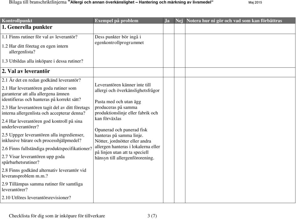 Val av leverantör 2.1 Är det en redan godkänd leverantör? 2.1 Har leverantören goda rutiner som garanterar att alla allergena ämnen identifieras och hanteras på korrekt sätt? 2.3 Har leverantören tagit del av ditt företags interna allergenlista och accepterar denna?