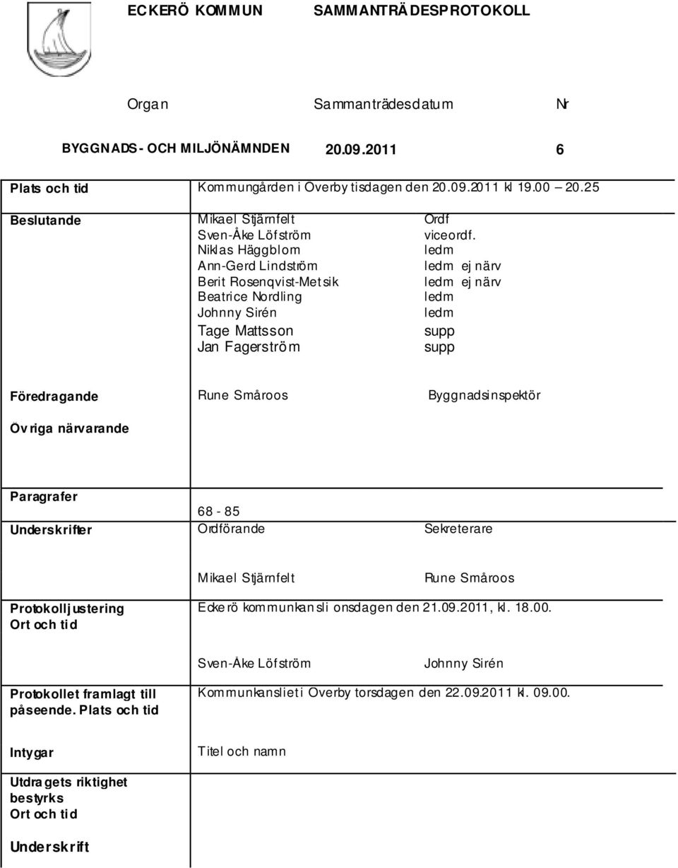 ledm ledm ej närv ledm ej närv ledm ledm supp supp Föredragande Rune Småroos Byggnadsinspektör Öv riga närvarande Paragrafer 68-85 Underskrifter Ordförande Sekreterare Mikael Stjärnfelt Rune Småroos