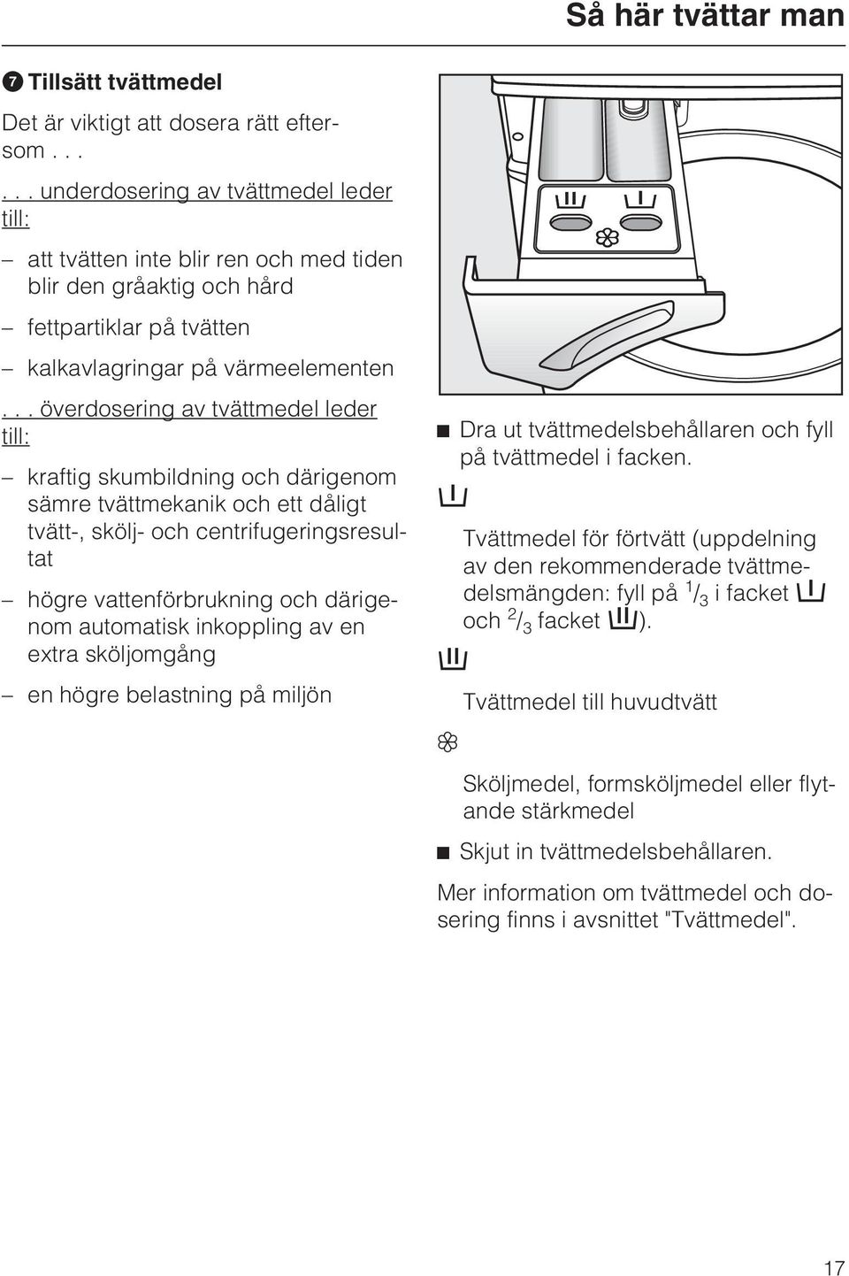 .. överdosering av tvättmedel leder till: kraftig skumbildning och därigenom sämre tvättmekanik och ett dåligt tvätt-, skölj- och centrifugeringsresultat högre vattenförbrukning och därigenom