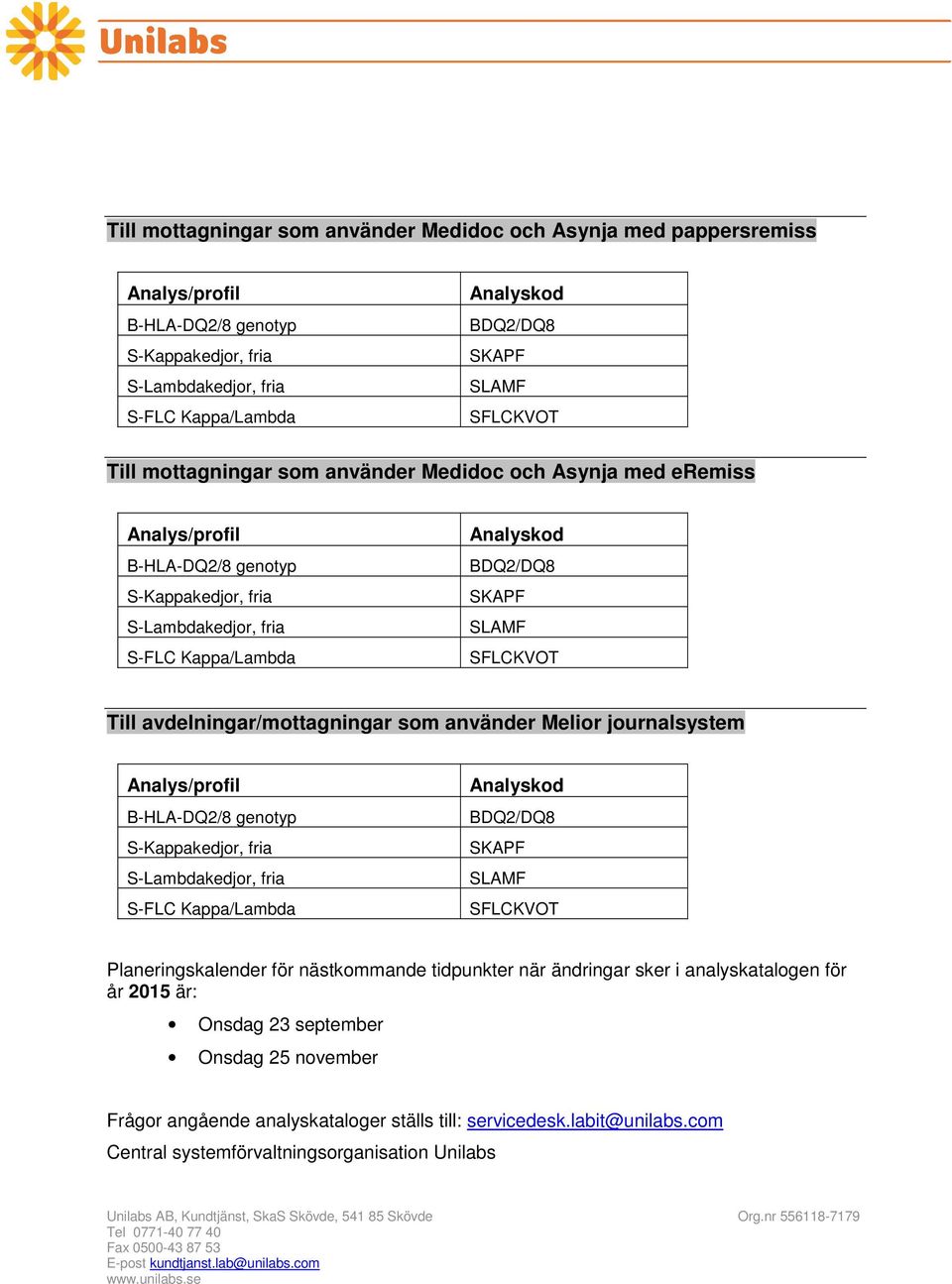 nästkommande tidpunkter när ändringar sker i analyskatalogen för år 2015 är: Onsdag 23 september Onsdag 25