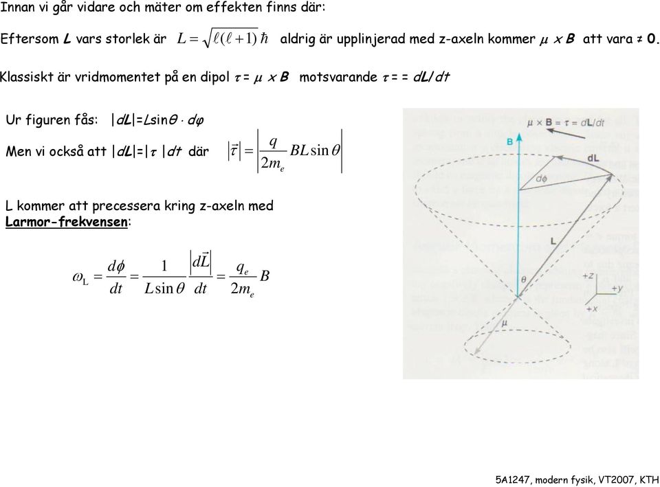 Klassiskt är vridmomntt på n dipol τ = μ x B motsvarand τ = = dl/dt Ur figurn fås: dl =Lsinθ dφ Mn vi