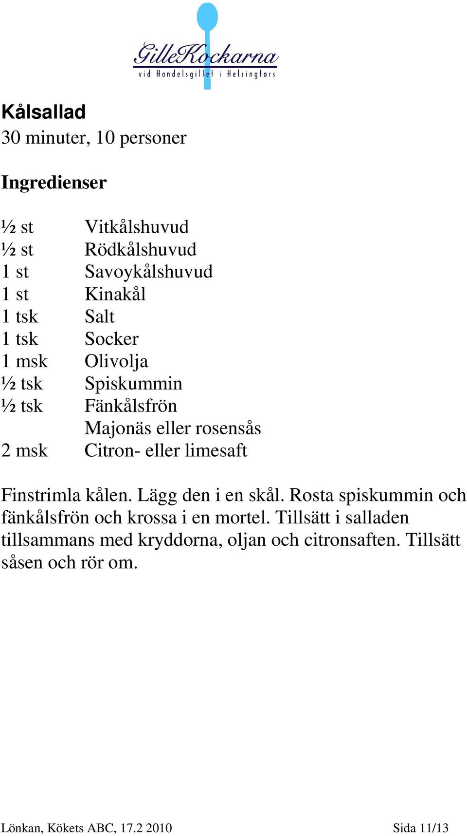 limesaft Finstrimla kålen. Lägg den i en skål. Rosta spiskummin och fänkålsfrön och krossa i en mortel.