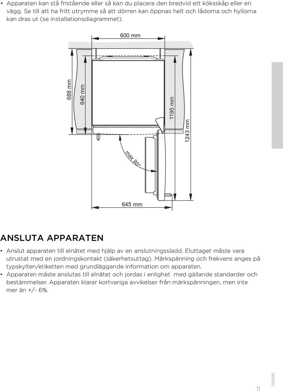 600 mm 688 mm 640 mm 1195 mm 1243 mm max 90 645 mm ANSLUTA APPARATEN Anslut apparaten till elnätet med hjälp av en anslutningssladd.