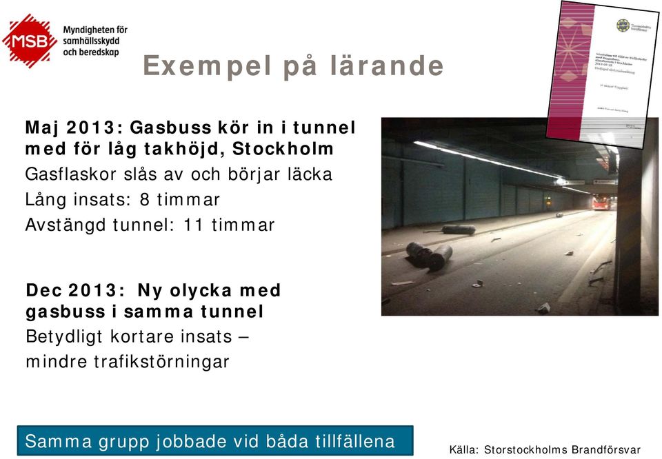 Dec 2013: Ny olycka med gasbuss i samma tunnel Betydligt kortare insats mindre