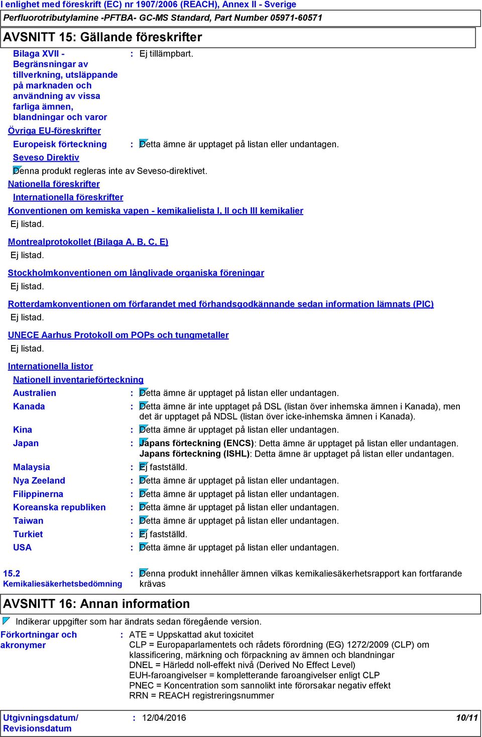 Konventionen om kemiska vapen - kemikalielista I, II och III kemikalier Ej listad. Montrealprotokollet (Bilaga A, B, C, E) Ej listad.