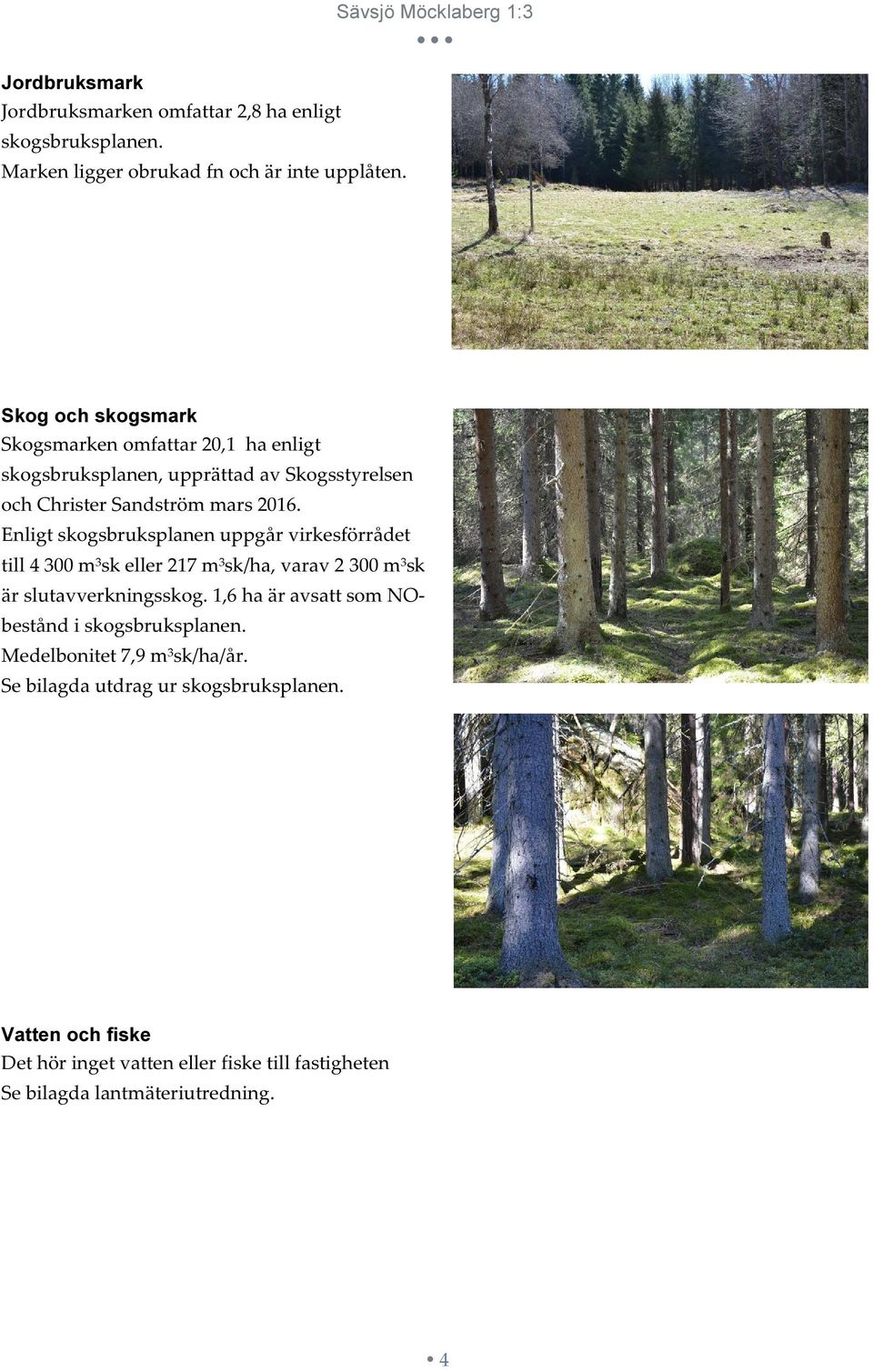 Enligt skogsbruksplanen uppgår virkesförrådet till 4 300 m3sk eller 217 m3sk/ha, varav 2 300 m3sk är slutavverkningsskog.